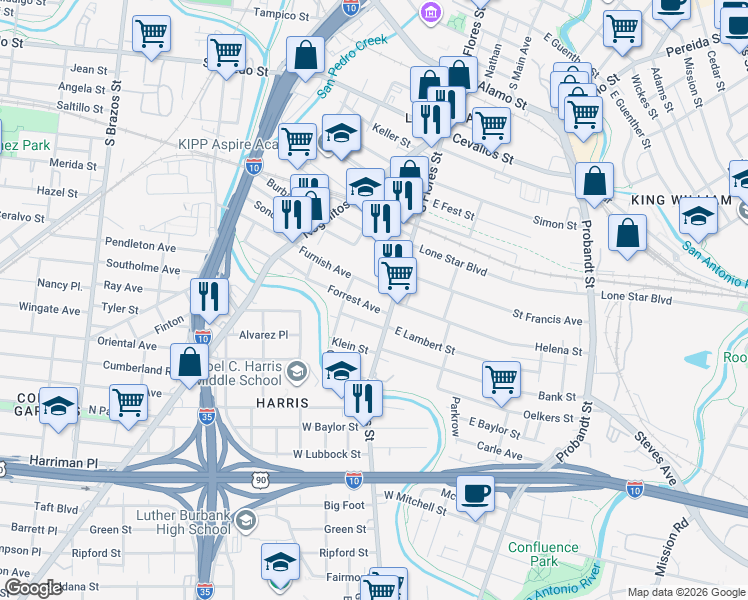 map of restaurants, bars, coffee shops, grocery stores, and more near 137 Forrest Avenue in San Antonio
