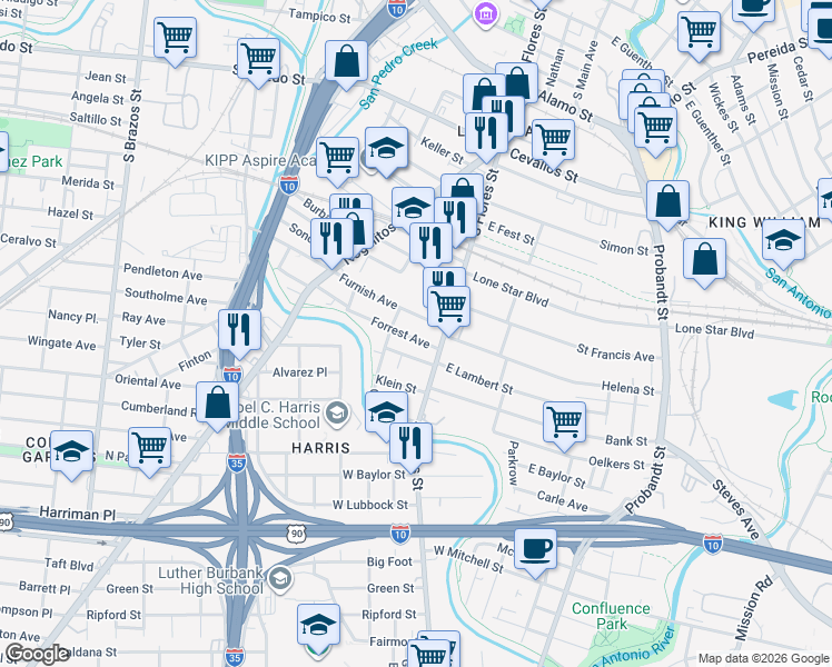 map of restaurants, bars, coffee shops, grocery stores, and more near 137 Forrest Avenue in San Antonio