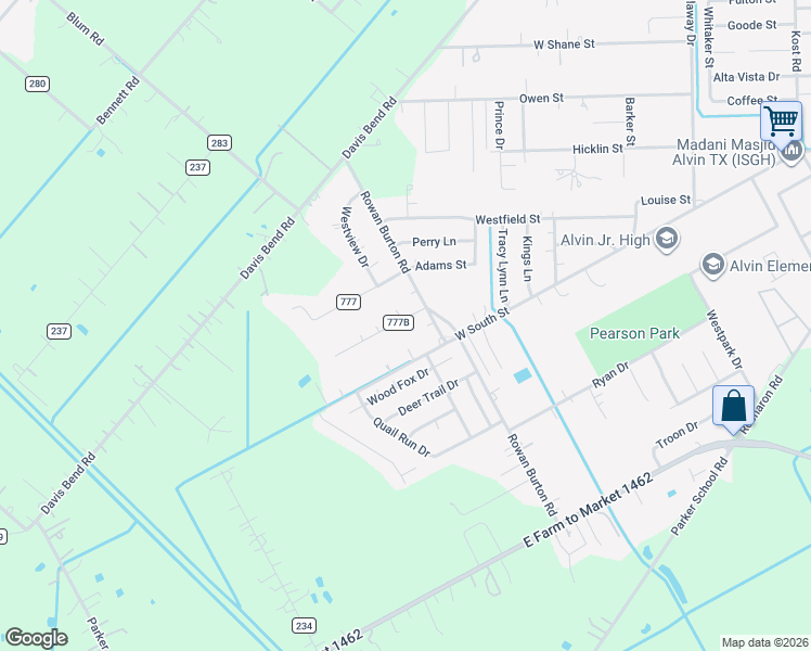 map of restaurants, bars, coffee shops, grocery stores, and more near 3405 Meadowlark Lane in Alvin