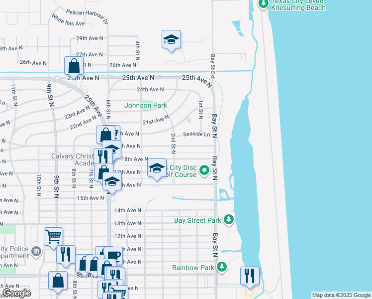 map of restaurants, bars, coffee shops, grocery stores, and more near 109 19th Avenue North in Texas City