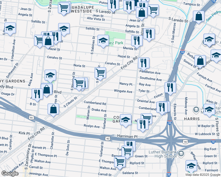 map of restaurants, bars, coffee shops, grocery stores, and more near 215 Wingate Avenue in San Antonio