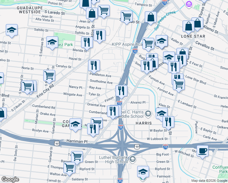 map of restaurants, bars, coffee shops, grocery stores, and more near 302 Floyd in San Antonio