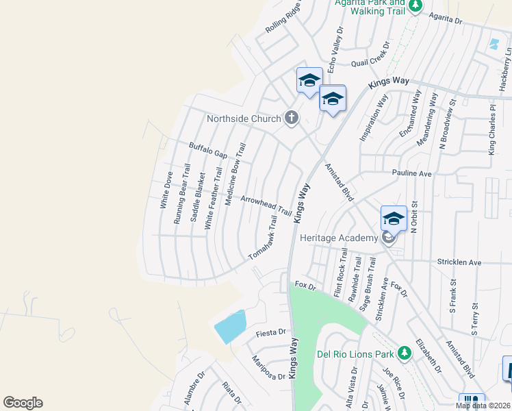 map of restaurants, bars, coffee shops, grocery stores, and more near 200 Warbonnet Trail in Del Rio