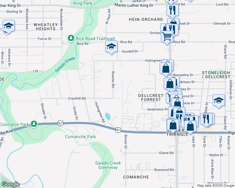 map of restaurants, bars, coffee shops, grocery stores, and more near 831 Cresthill Road in San Antonio