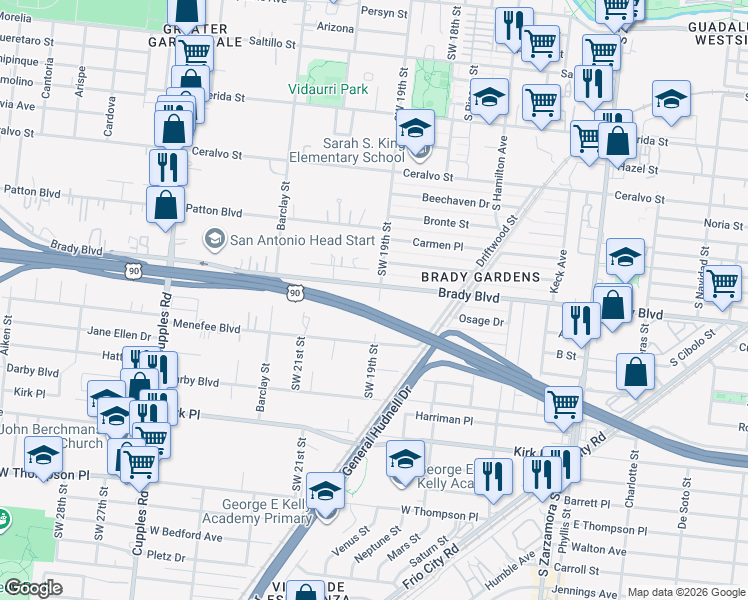map of restaurants, bars, coffee shops, grocery stores, and more near 2115 Southwest 19th Street in San Antonio