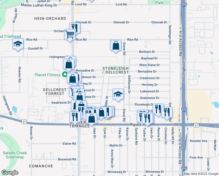 map of restaurants, bars, coffee shops, grocery stores, and more near 4803 Lakewood Drive in San Antonio