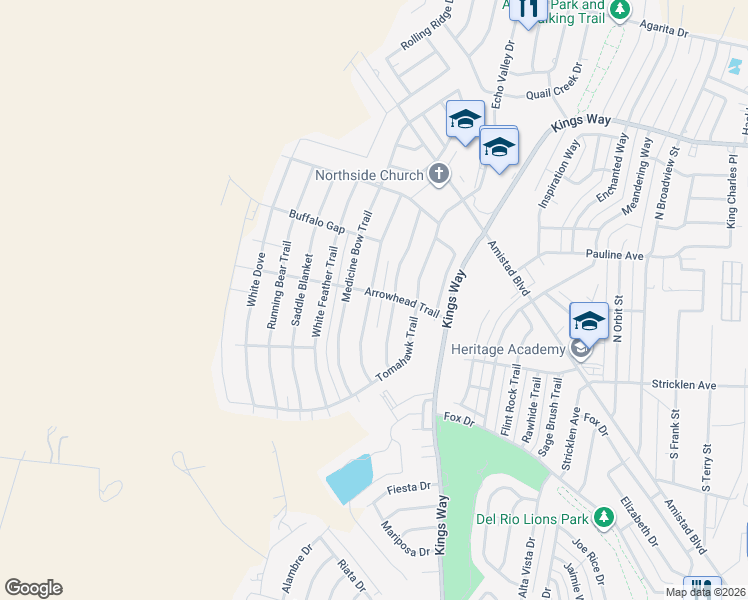 map of restaurants, bars, coffee shops, grocery stores, and more near 200 Warbonnet Trail in Del Rio