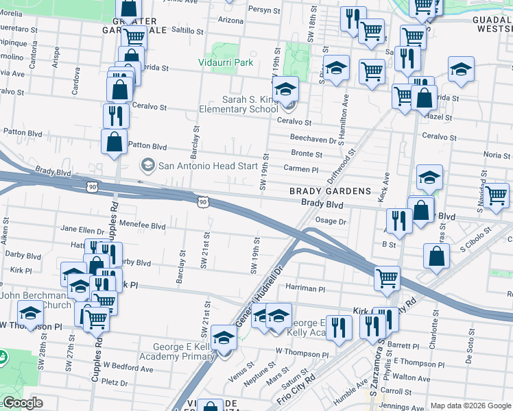 map of restaurants, bars, coffee shops, grocery stores, and more near 2115 Southwest 19th Street in San Antonio
