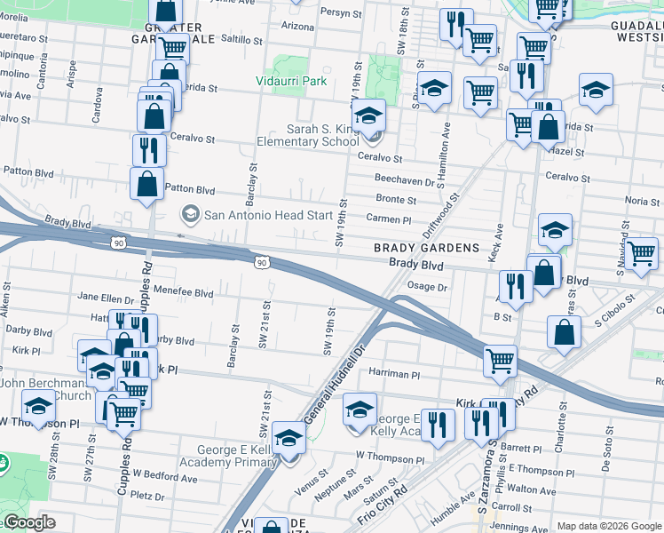 map of restaurants, bars, coffee shops, grocery stores, and more near 2115 Southwest 19th Street in San Antonio