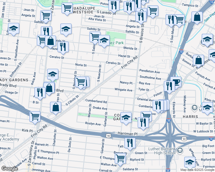 map of restaurants, bars, coffee shops, grocery stores, and more near 215 Wingate Avenue in San Antonio
