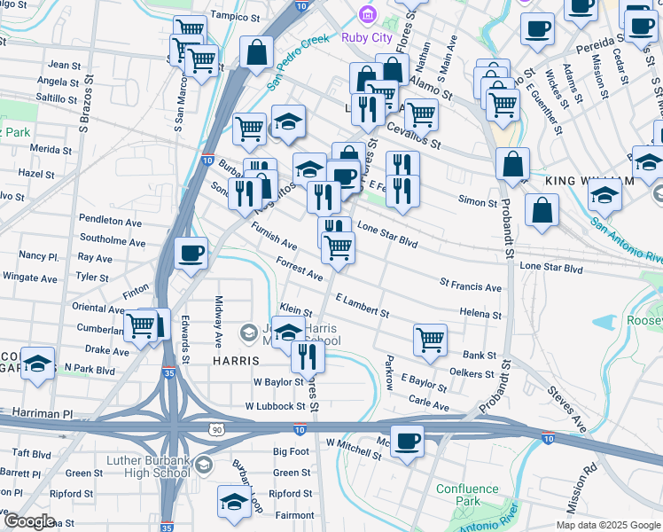 map of restaurants, bars, coffee shops, grocery stores, and more near 106 Furnish Avenue in San Antonio