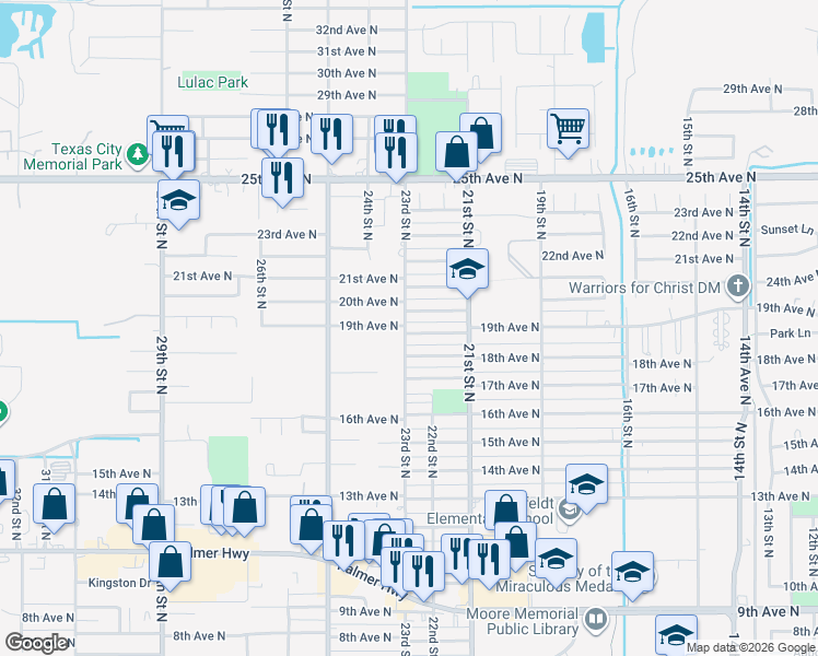 map of restaurants, bars, coffee shops, grocery stores, and more near 2222 19th Avenue North in Texas City