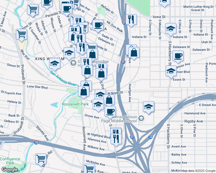 map of restaurants, bars, coffee shops, grocery stores, and more near 111 Conrad in San Antonio
