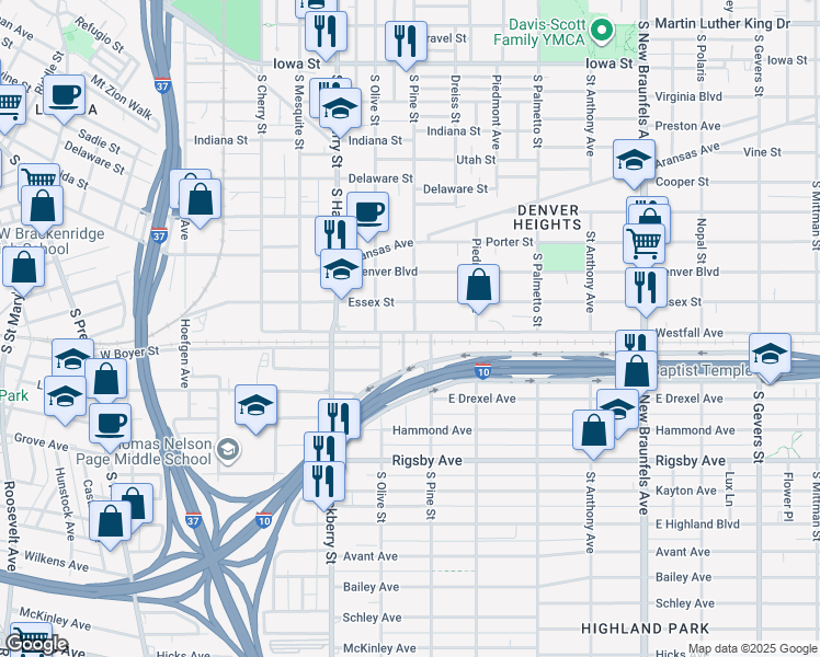 map of restaurants, bars, coffee shops, grocery stores, and more near 1323 South Pine Street in San Antonio