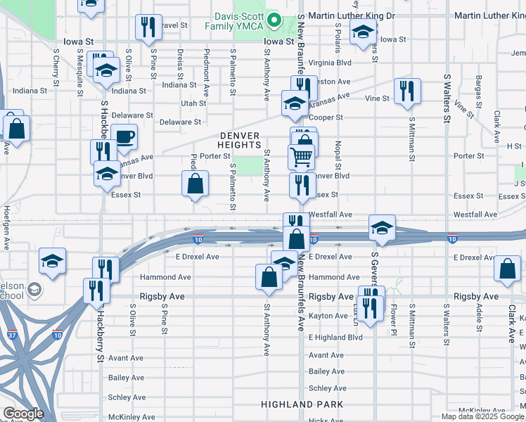 map of restaurants, bars, coffee shops, grocery stores, and more near 923 Saint Anthony Avenue in San Antonio