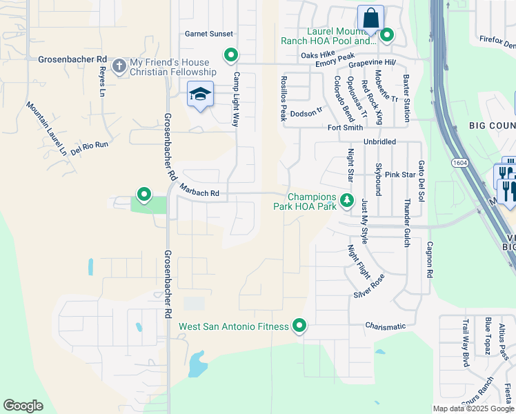 map of restaurants, bars, coffee shops, grocery stores, and more near 2814 Lindenwood Run in San Antonio