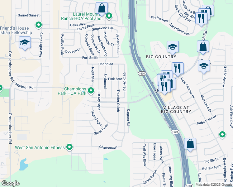 map of restaurants, bars, coffee shops, grocery stores, and more near 2723 Thunder Gulch in San Antonio