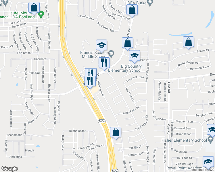 map of restaurants, bars, coffee shops, grocery stores, and more near 11427 Black Fox Drive in San Antonio