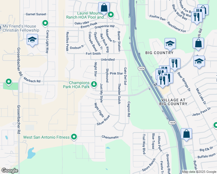 map of restaurants, bars, coffee shops, grocery stores, and more near 2722 Skybound in San Antonio