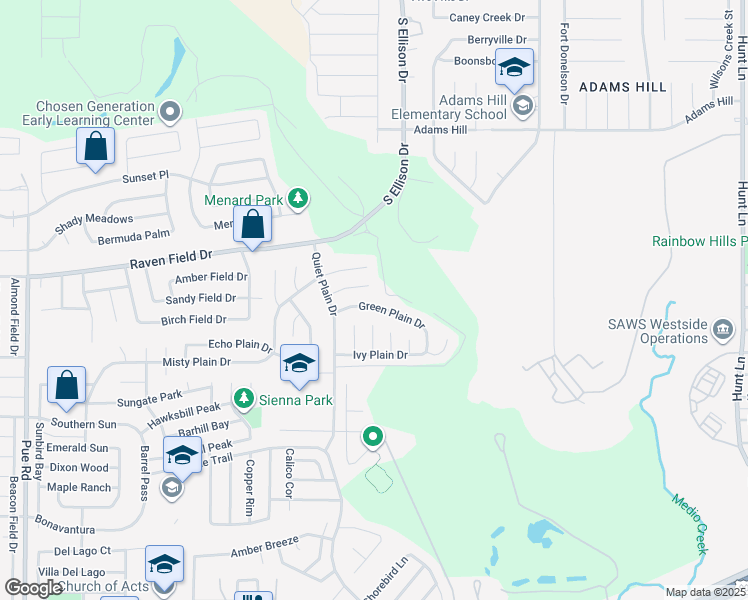 map of restaurants, bars, coffee shops, grocery stores, and more near 9719 Green Plain Drive in San Antonio