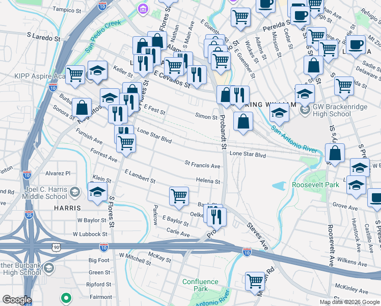 map of restaurants, bars, coffee shops, grocery stores, and more near 322 Lone Star Boulevard in San Antonio