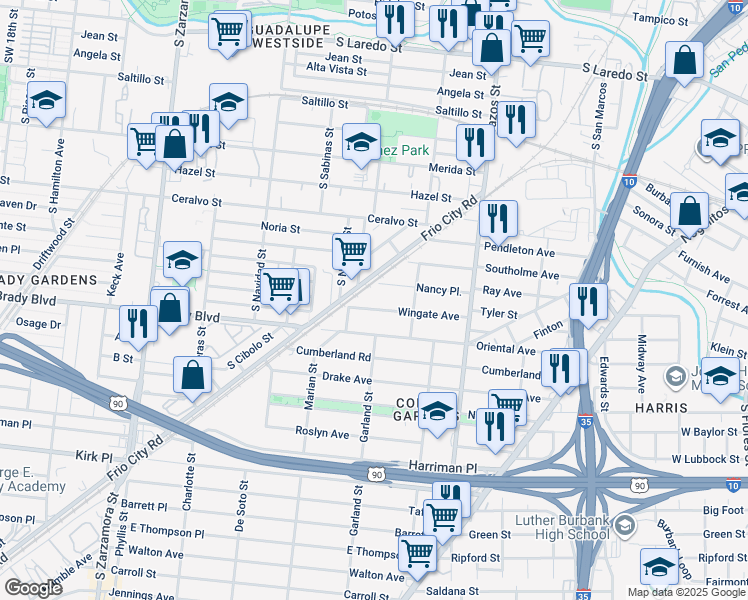 map of restaurants, bars, coffee shops, grocery stores, and more near 215 Wingate Avenue in San Antonio