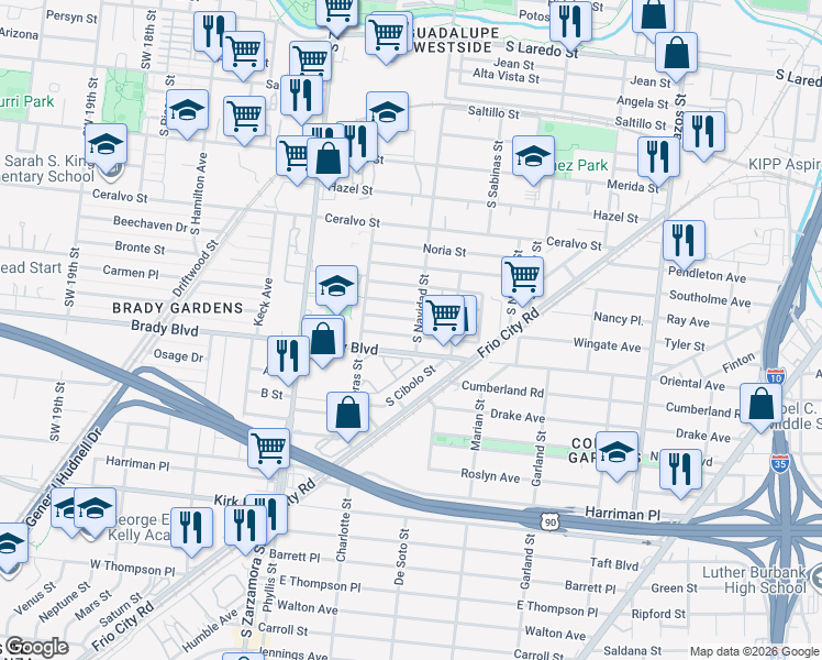 map of restaurants, bars, coffee shops, grocery stores, and more near 2331 South Navidad Street in San Antonio