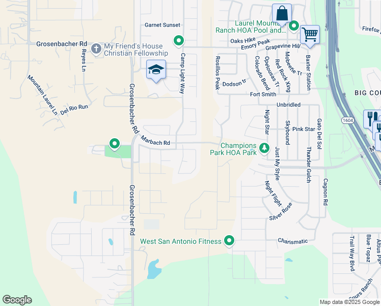 map of restaurants, bars, coffee shops, grocery stores, and more near 2814 Lindenwood Run in San Antonio