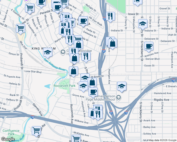 map of restaurants, bars, coffee shops, grocery stores, and more near 111 Conrad in San Antonio