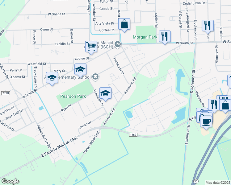 map of restaurants, bars, coffee shops, grocery stores, and more near 1908 Rosharon Road in Alvin