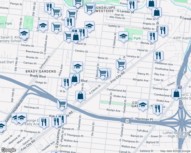 map of restaurants, bars, coffee shops, grocery stores, and more near 2331 South Navidad Street in San Antonio