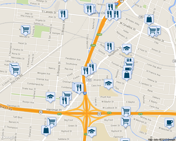 map of restaurants, bars, coffee shops, grocery stores, and more near 202 Powell Street in San Antonio