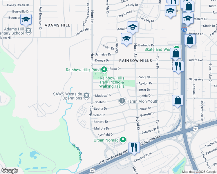 map of restaurants, bars, coffee shops, grocery stores, and more near 102 Simler Street in San Antonio