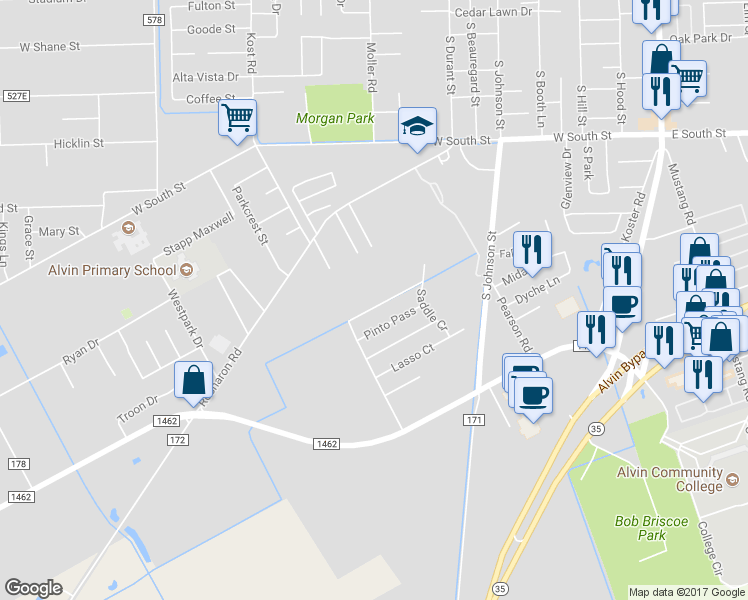 map of restaurants, bars, coffee shops, grocery stores, and more near 1214 Quarterhorse Drive in Alvin