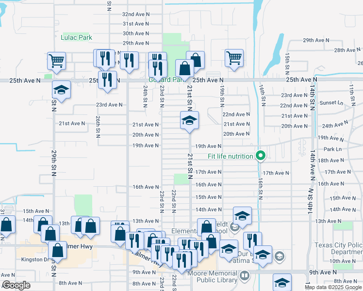 map of restaurants, bars, coffee shops, grocery stores, and more near 2114 19th Avenue North in Texas City