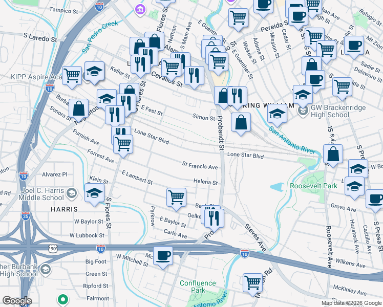 map of restaurants, bars, coffee shops, grocery stores, and more near 322 Lone Star Boulevard in San Antonio