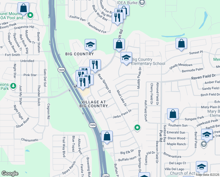 map of restaurants, bars, coffee shops, grocery stores, and more near 2502 Bear Springs Drive in San Antonio