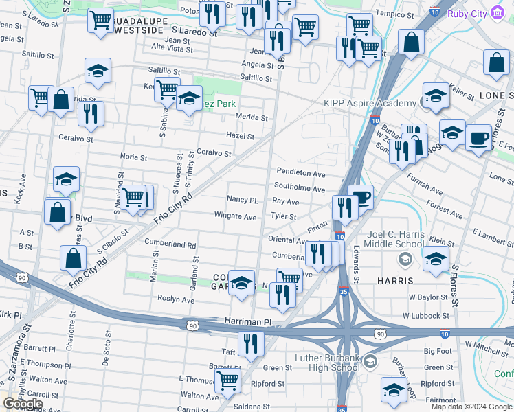 map of restaurants, bars, coffee shops, grocery stores, and more near 108 Nancy Place in San Antonio