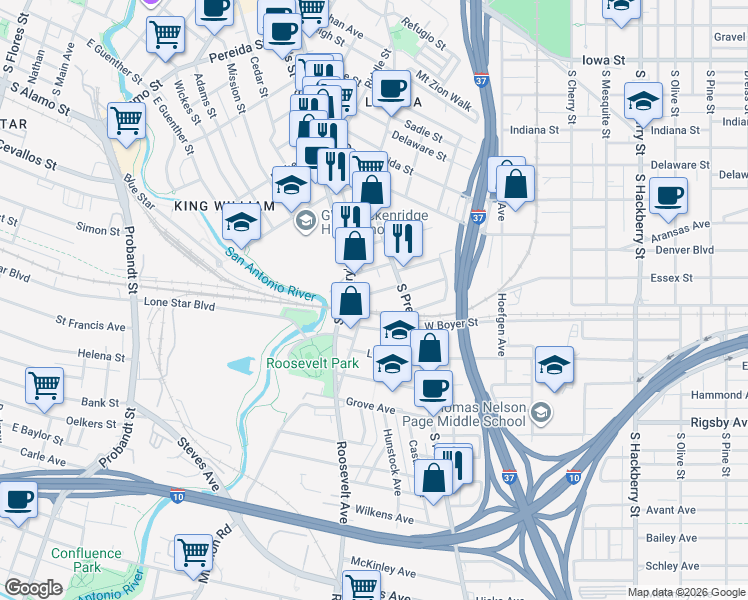 map of restaurants, bars, coffee shops, grocery stores, and more near 108 Vitra Place in San Antonio