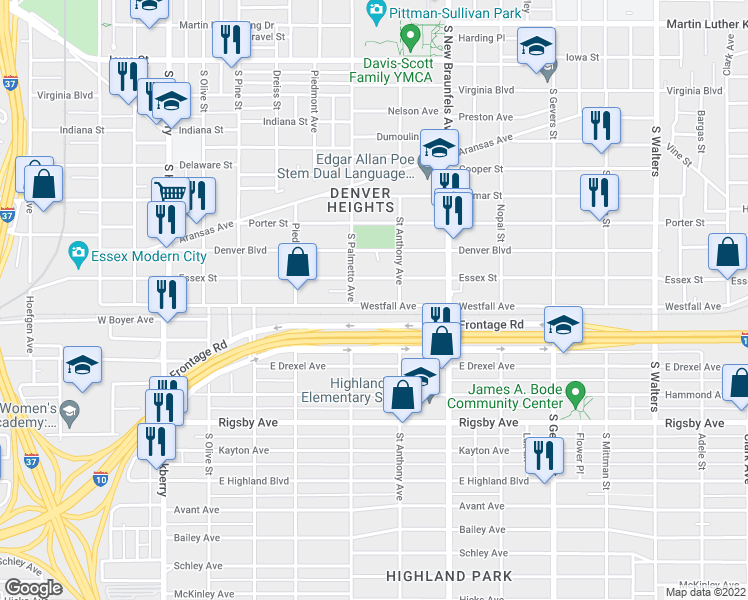 map of restaurants, bars, coffee shops, grocery stores, and more near 729 Westfall Avenue in San Antonio