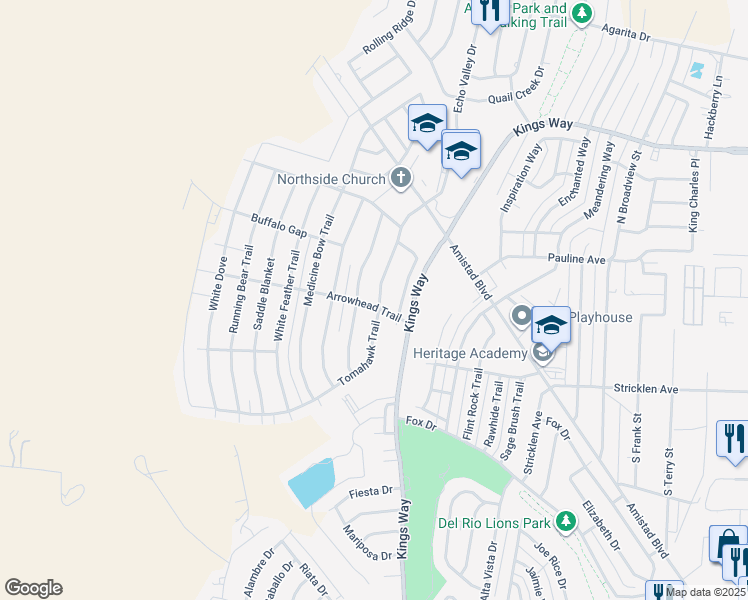 map of restaurants, bars, coffee shops, grocery stores, and more near 121 Tomahawk Trail in Del Rio