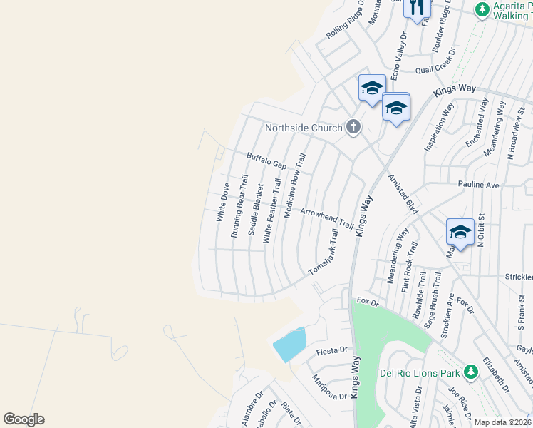 map of restaurants, bars, coffee shops, grocery stores, and more near 203 White Feather Trail in Del Rio