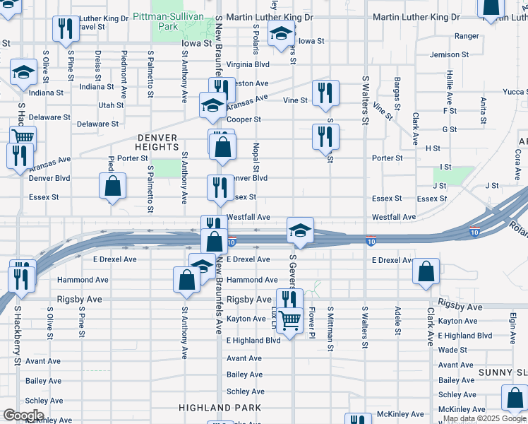 map of restaurants, bars, coffee shops, grocery stores, and more near 1011 Westfall Avenue in San Antonio