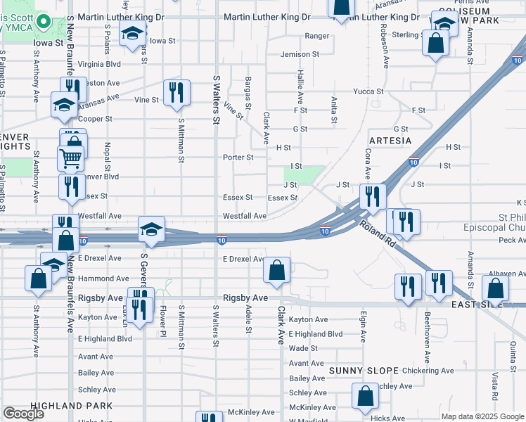map of restaurants, bars, coffee shops, grocery stores, and more near 1369 Westfall Avenue in San Antonio