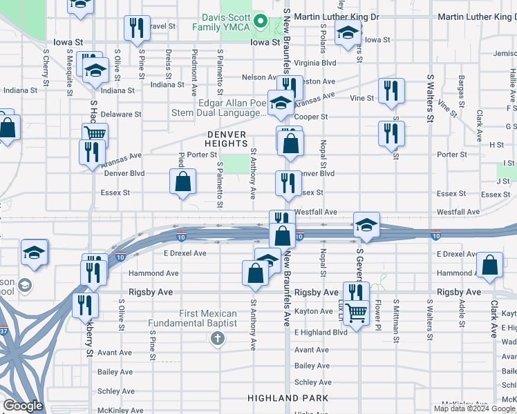 map of restaurants, bars, coffee shops, grocery stores, and more near 807 Westfall Avenue in San Antonio