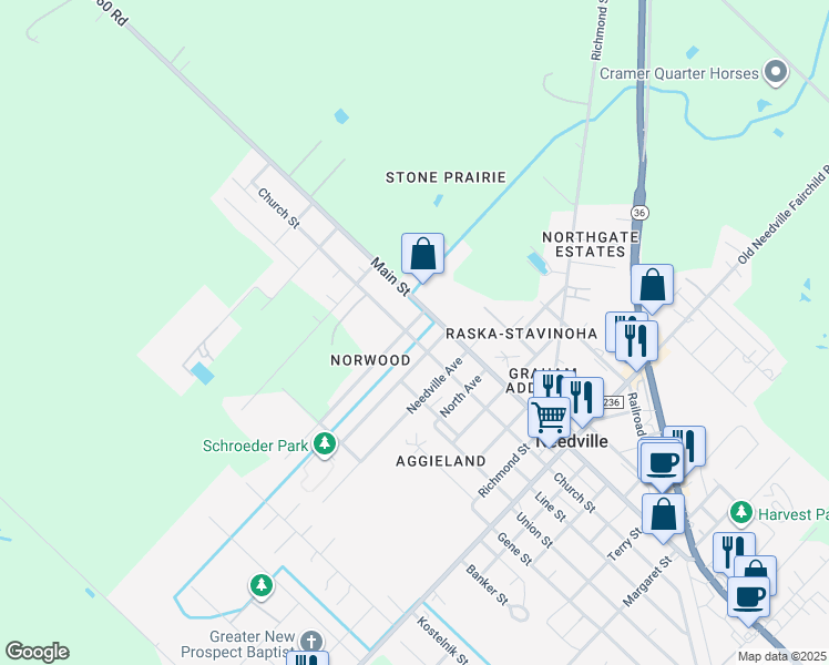 map of restaurants, bars, coffee shops, grocery stores, and more near 3215 Beasley Avenue in Needville