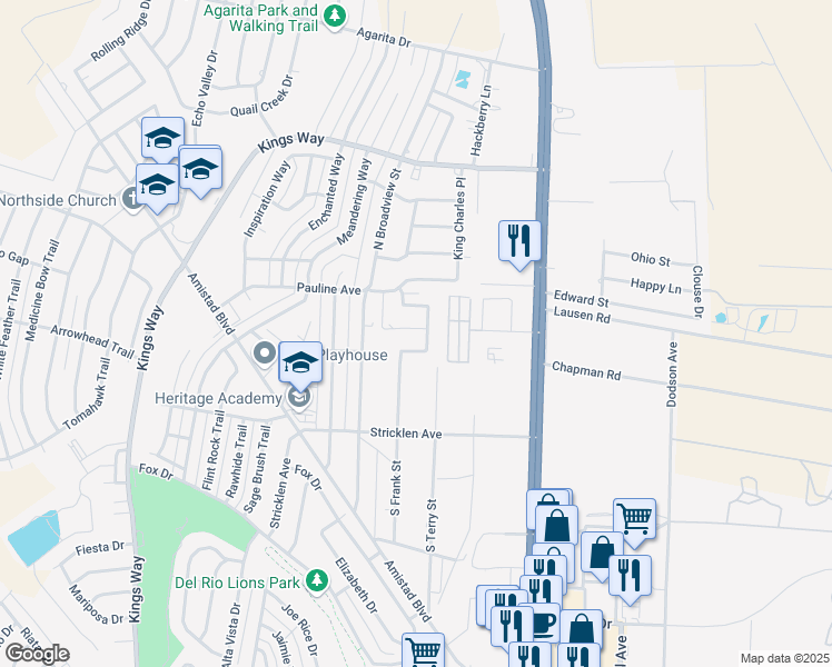 map of restaurants, bars, coffee shops, grocery stores, and more near 102 Wade Circle in Del Rio