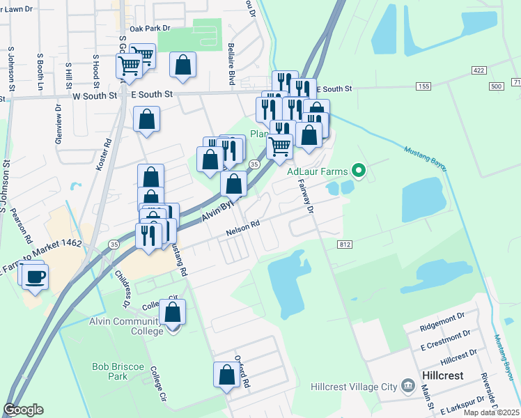 map of restaurants, bars, coffee shops, grocery stores, and more near 2441 South Bypass 35 in Alvin