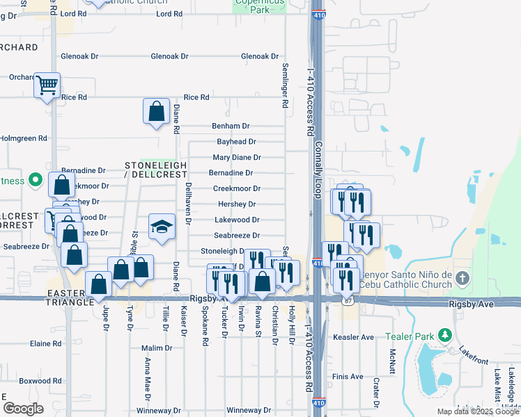 map of restaurants, bars, coffee shops, grocery stores, and more near 5034 Hershey Drive in San Antonio