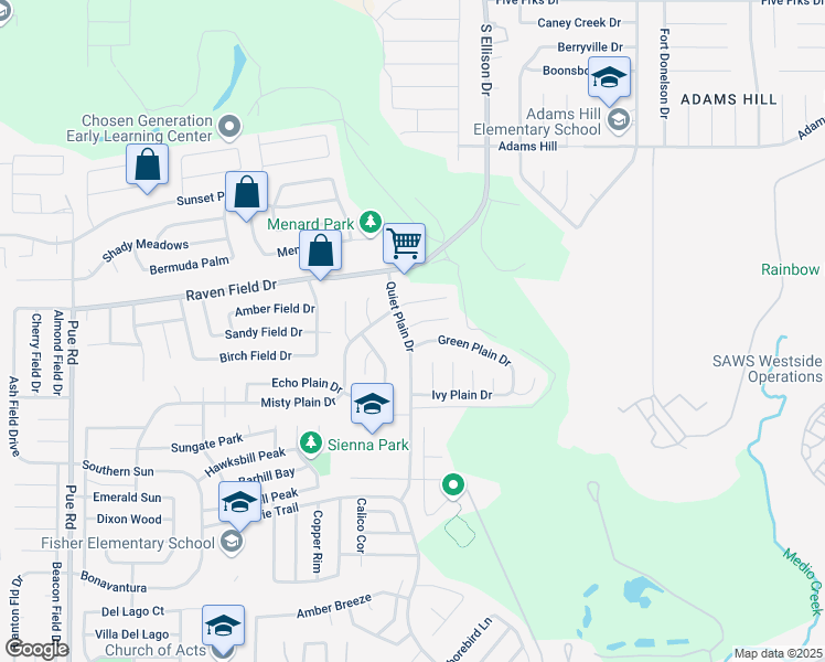 map of restaurants, bars, coffee shops, grocery stores, and more near 9750 Frost Plain Drive in San Antonio